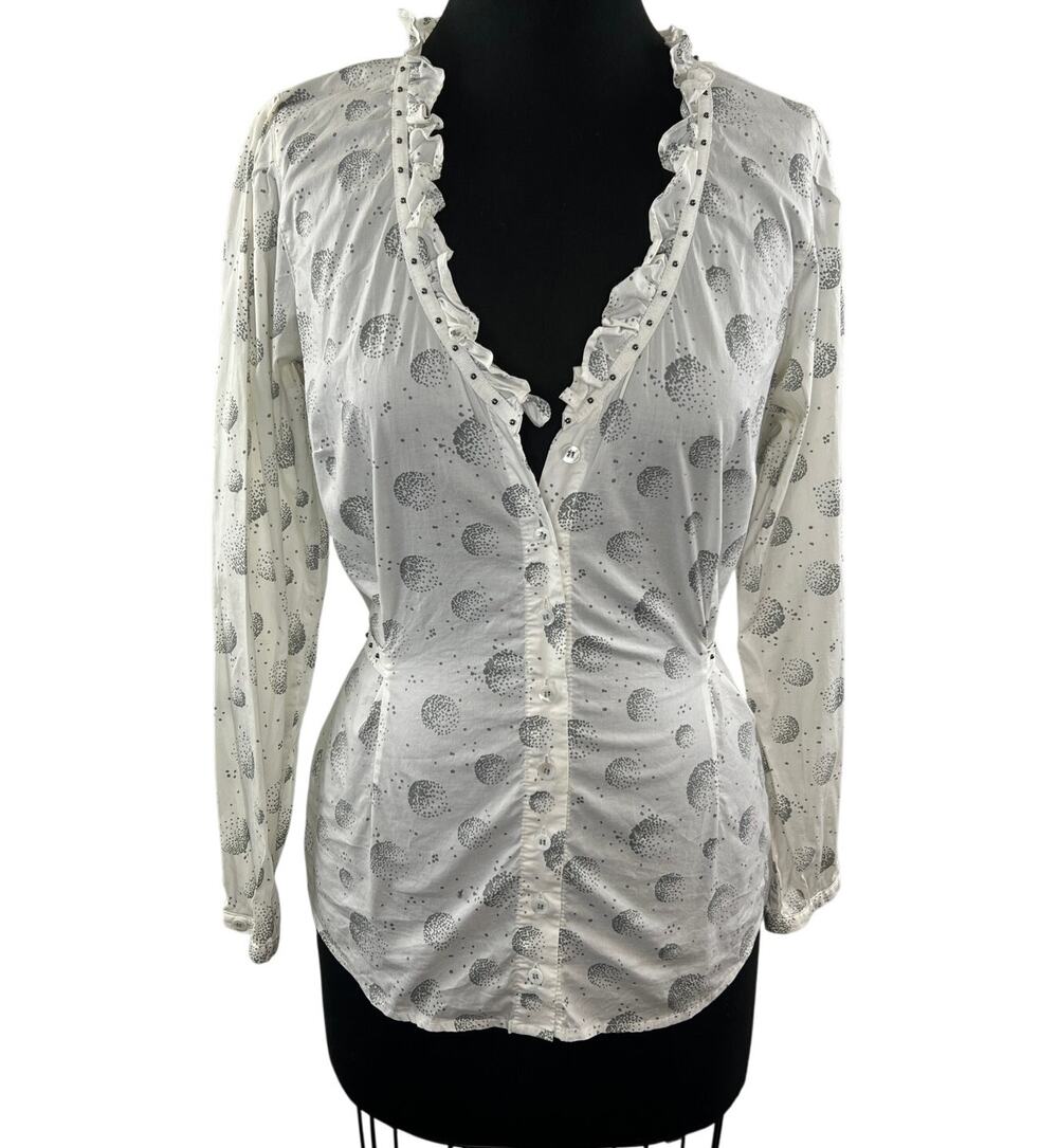 Made in Italy SINEFINE White Gray Button Down Cotton Tie Up Blouse IT 44